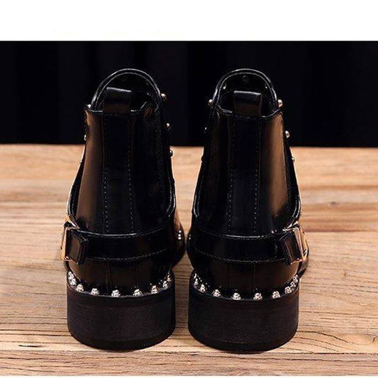 Leather Pointed Toe Thick Heels Chelsea Boots Women Back Rivets Decorate Ankle Martin Booties