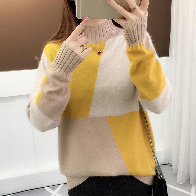 Autumn and Winter Color Matching Blouse Women's Student Long-sleeved Thick Knitted Bottoming Shirt