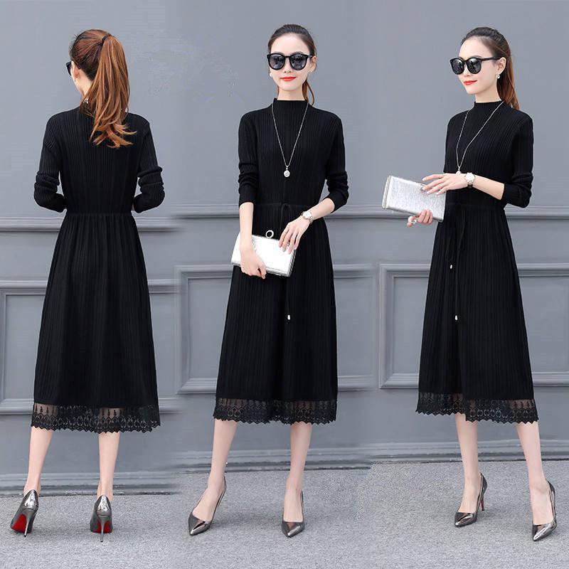 Knitted Long Lace Thick Sweater Dress Large Size Women Over Knee Loose Bottoming Knitwear