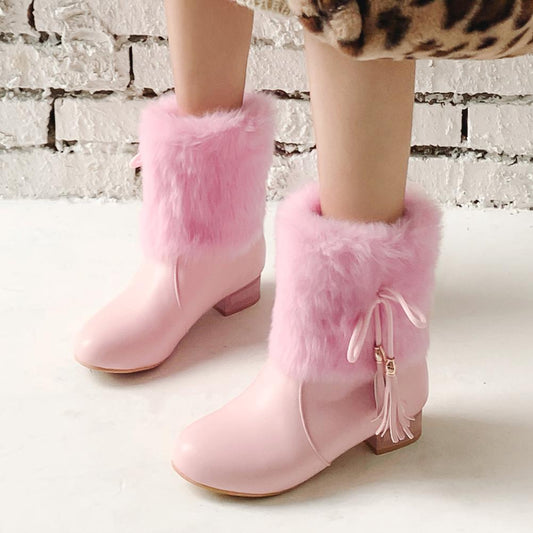 Snow Boots Short Plush Fleeces Square Heel Round Toe Slip On Solid Mid Calf Butterfly Knot Winter Boots Woman