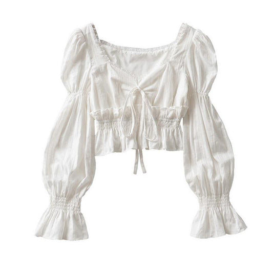 French Solid Color Pleated Lantern Sleeve Shirt Women's Summer Gentle Wind Top Tide Ins Waist Thin Shirt