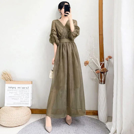 Summer Women Short-sleeved Chiffon Dress V-neck High Waist Solid Beach Midi Dresses Sexy
