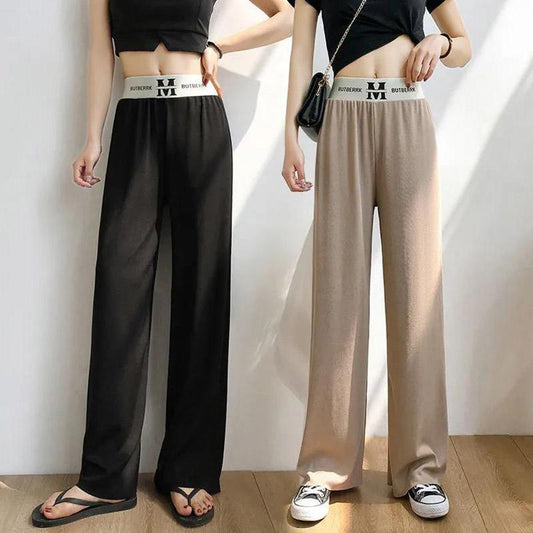 Ladies Ice Silk Wide Leg Casual Pants Summer Thin High Waist Straight Loose Thin Large Size Black Cool Stretch Pants