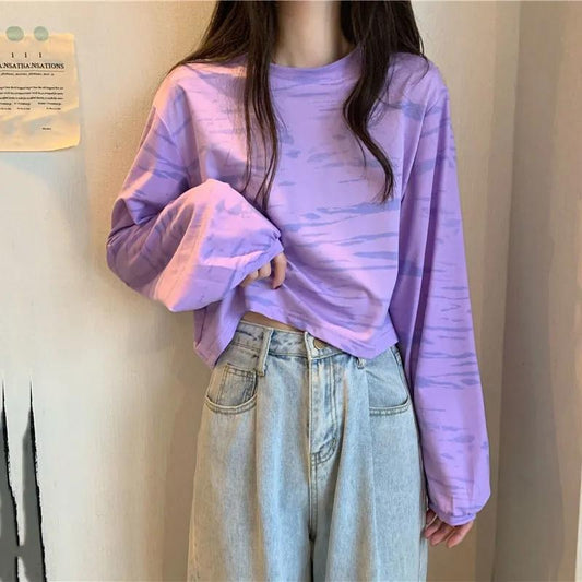 Purple Tie-dye Striped T-shirt Women's Spring and Autumn Gentle Loose Short Long-sleeved Top Summer Bottoming Shirt Casual Loose Top