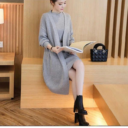 Autumn and Winter Knitted Top Long-sleeved Mid-length Sweater Solid Color Cardigan