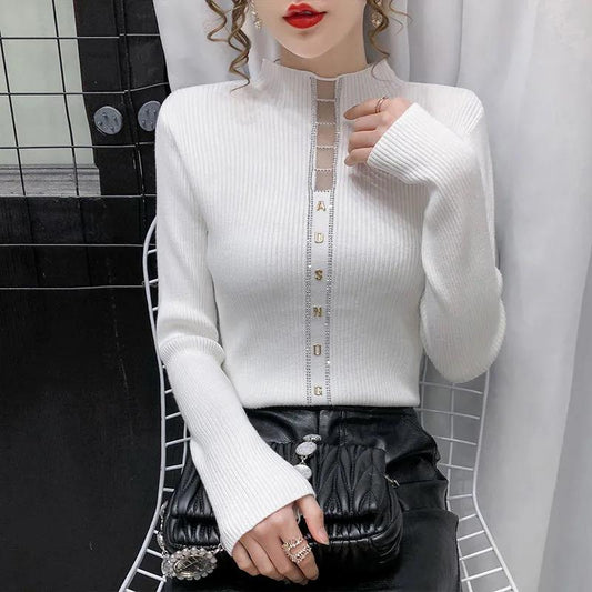 Half Turtleneck Bottoming Shirt Hollow Stick Drill Long Sleeve Knit Slim Fit Warm Plus Size Women's Sweater