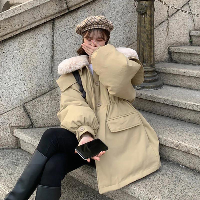 Winter Padded Jacket Korean Style Lapel Large Fur Collar Padded Jacket Women's Mid-length Thick Warm Cotton Coat
