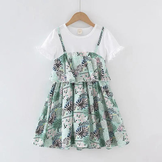 Girls' Dresses Summer Dresses Western Style Short-sleeved Stitching Floral Fake Two-piece Dresses