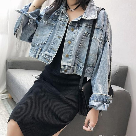 Tassel Denim Jacket Women's Spring and Autumn Split Loose Bat-sleeved Short Jacket Casual Loose Long-sleeved Regular Style