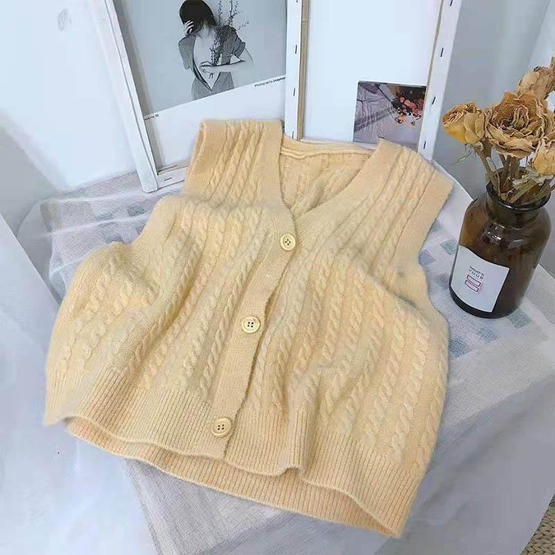 Solid Color V-neck Single-breasted Knitted Cardigan Vest Women's Early Spring and Autumn Winter Style Korean Fan Retro Style Outer Vest Vest