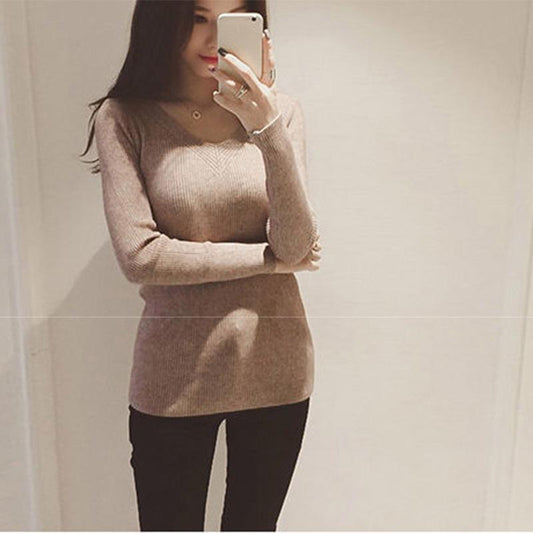 Core-spun Yarn Autumn and Winter Women's Blouse V-neck Knit Bottoming Shirt Slimming Long-sleeved Sweater Top