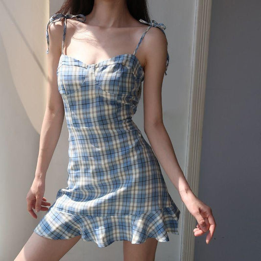 Female Summer Plaid Suspender Dress Simple Elegant Slim Short Graceful Holiday Dress