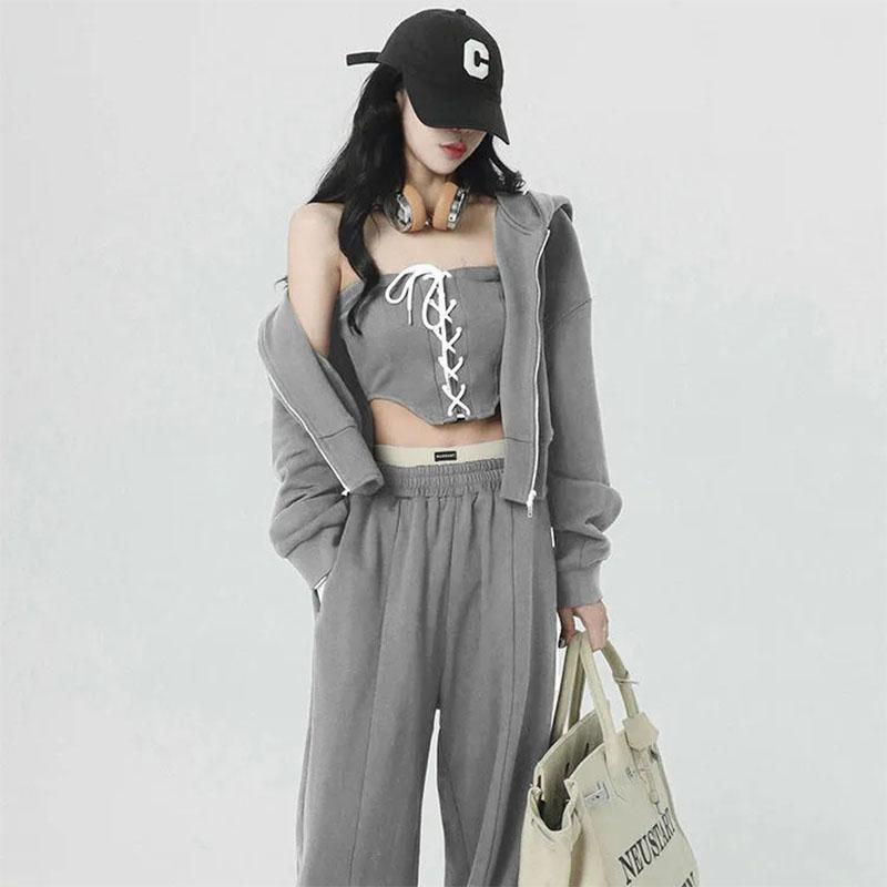 3PCS Women's Sports Street Adjustable Tube Top + Short Jacket + Loose Pants Three-piece Suit Ladies Long Sleeve Hooded Cardigan Jacket Suit