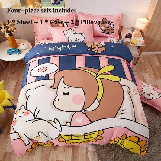 Cartoon Children's Big Version of The Flower Skin Four-piece Thick Grinding Girl Heart Bedding 1.5 Meters 1.8 Meters Home Children's Bedding Set