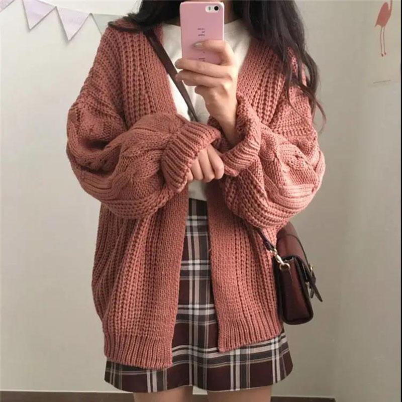 Women's Autumn and Winter Sweater Cardigan Chic Korean Loose Long-sleeved Twist Knit Solid Color Sweater