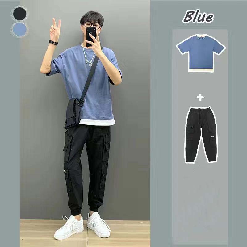 Summer Boys' Suit with Short-sleeved T-shirt and Loose Overalls