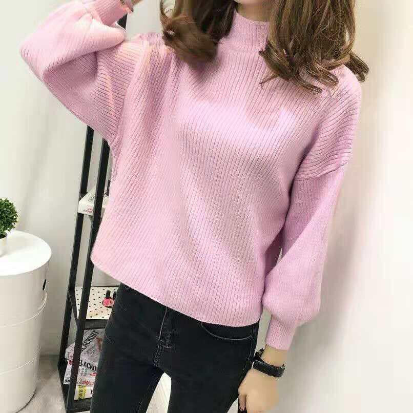 Autumn and Winter Half High Neck Lantern Sleeve Top Short Knitted Solid Color Sweater Slim Pullover Sweater Fashion Jacket