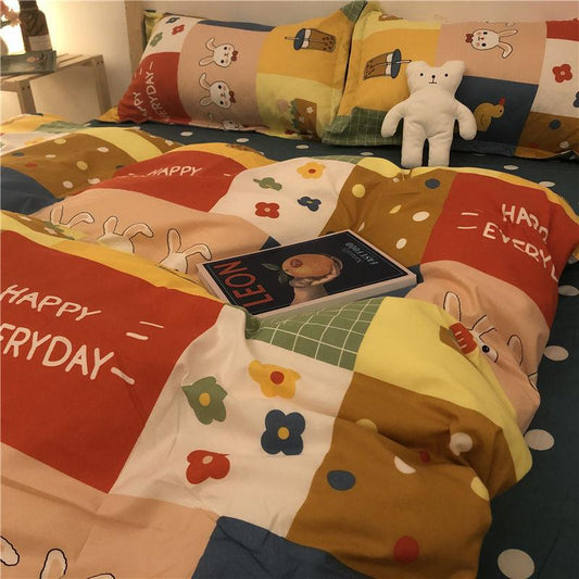 Four-piece Bed Sheets Contrast Color Fresh Air Four-piece Bedding Quilt Cover Household Goods Quilt Set