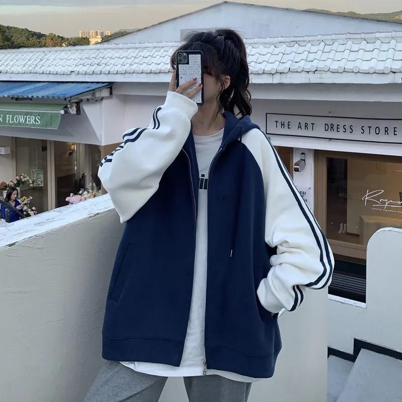 Women's Autumn and Winter Korean Version Fleece Thickened Contrast Coat Casual Hooded Cardigan Loose Student Sweater Zipper Jacket for Girls