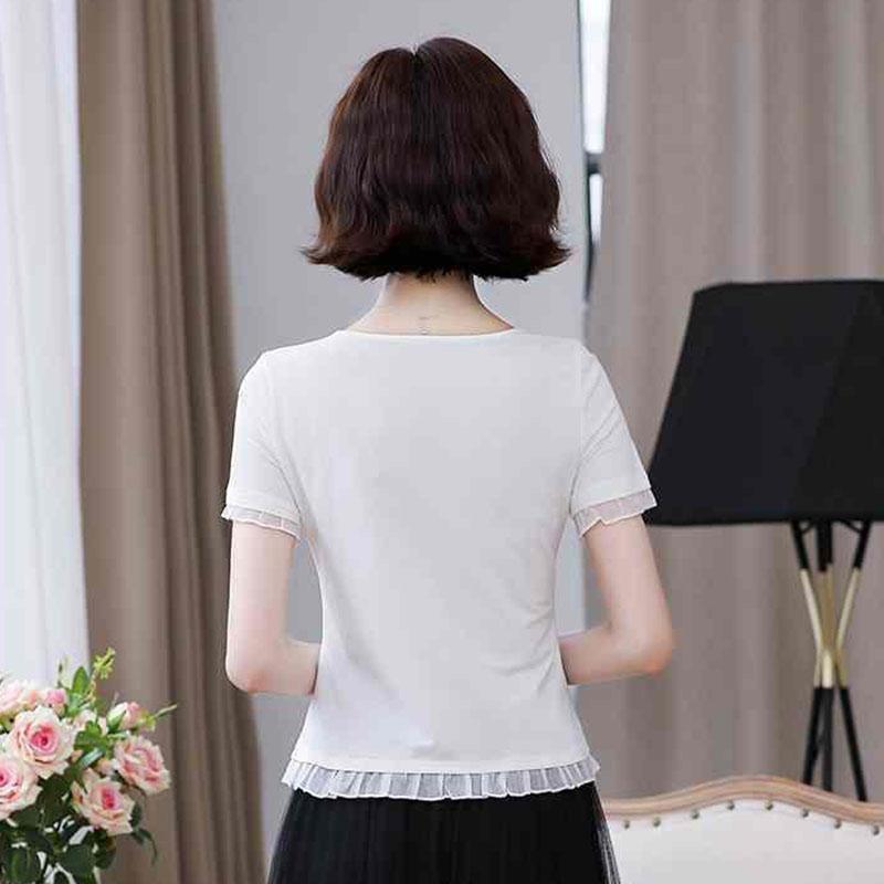 Women's Short Sleeve T-Shirt Ruffle Summer Round Neck Slim Print Top