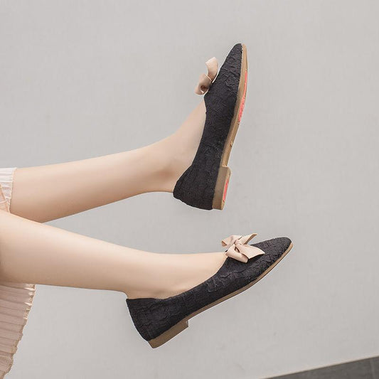Pointed Single Shoes Women's All-match Flat Bow A Pedal Retro Leather Shoes Soft and Comfortable Non-slip Flat Leather Shoes