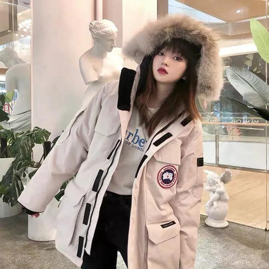 Men's and Women's Mid-length Down Jacket Thickened Tooling Canadian Style Couple Goose Loose Jacket Pie To Overcome Fur Collar Warm Cotton Clothing