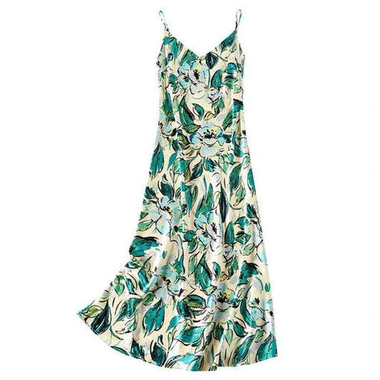 Female Green Leaf Print Satin Suspender Dress Vintage Elegant Slim Backless Long Holiday Dress