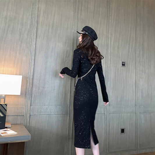 Fashion Black Long Skirt Women's Dress Winter Thin Long Sleeve Bottoming Dress Female