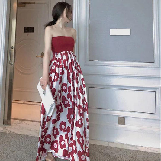 Women Summer Vintage High Waist Sleeveless Party Dress Elegant Slim Floral Printed Backless Long Dress