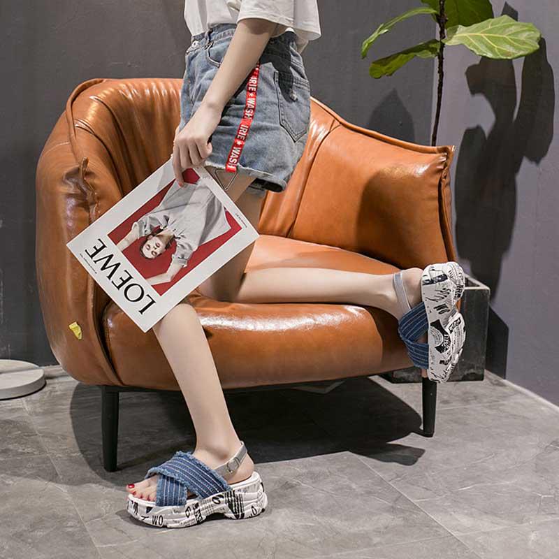 Size35-39 Summer Women Shiny Slippers Outdoor Cross Cowboy High Heels Bohemian Beach Wear-resistant Non-slip Slippers Wedge Platform Sandals