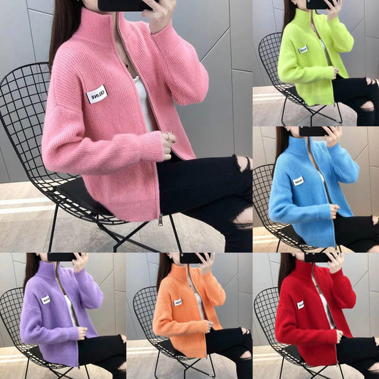 Stand Collar Women's Cardigan Sweater Short Jacket Knit Top Spring Autumn Solid Color Loose Sweater Outer Wear