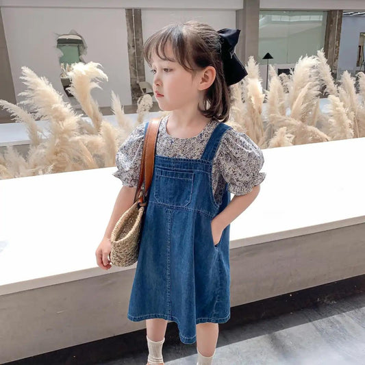 2PCS Children Clothing Set Spring Summer Girls Suits Floral Short Sleeve Tops + Denim Skirt Clothing Hin Strap Skirt Suit