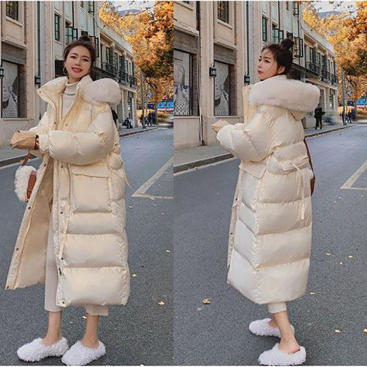 Shiny Down Cotton Jacket Fashion Color Hooded Jacket Winter Thicken Warm Long Over-the-knee Cotton Jacket Suitable for Women