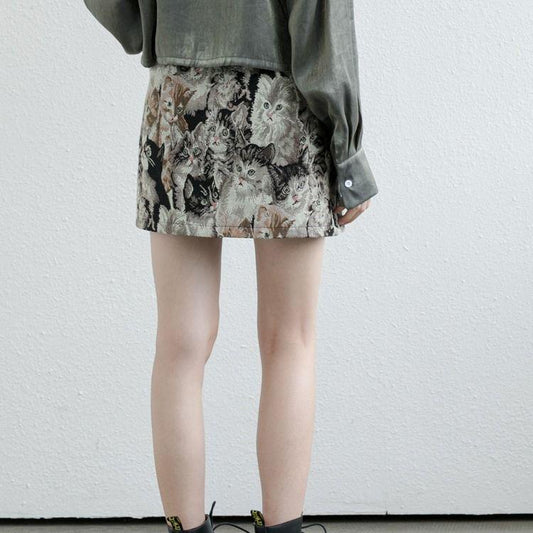 A-line Skirt Embroidered Cat Print Women Sexy Tight Hip Short Skirt Knee-length Zipper Club Home Office Casual