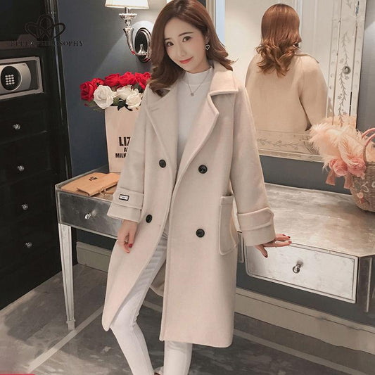 Women Korean Wool Coat Ladies Solid Casual Coats Single Breasted Turn-down Collar Jakects