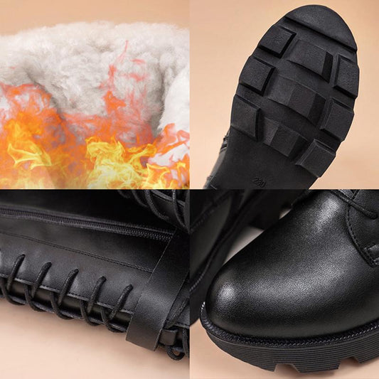 Genuine Leather Boots Women Wool Fur Boots Winter Shoes High Heels Knee High Boots Black Warm Shoes Fashion Plus Size 35-42