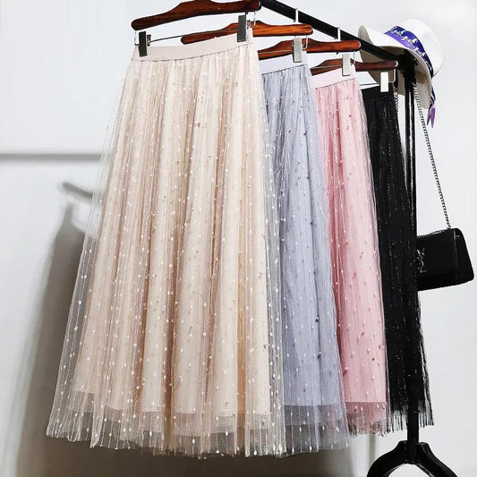 Four Seasons Can Wear Half-length Skirt Female Heavy Industry Beaded Bright Silk Gauze Sweet Fairy Long Skirt Three-layer Fabric A-line Skirt