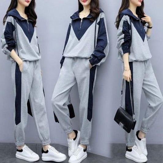 Sports Suit Women's Spring and Autumn Hooded Zipper Loose and Thin Stitching Fashion Casual Two-piece Trendy