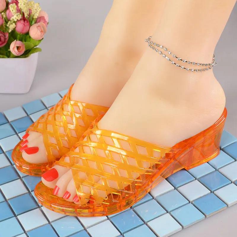Fashion High Heel Crystal Slippers Girls Summer Transparent Plastic Sandals Wedge Heels Bathroom Thick Bottom Outdoor