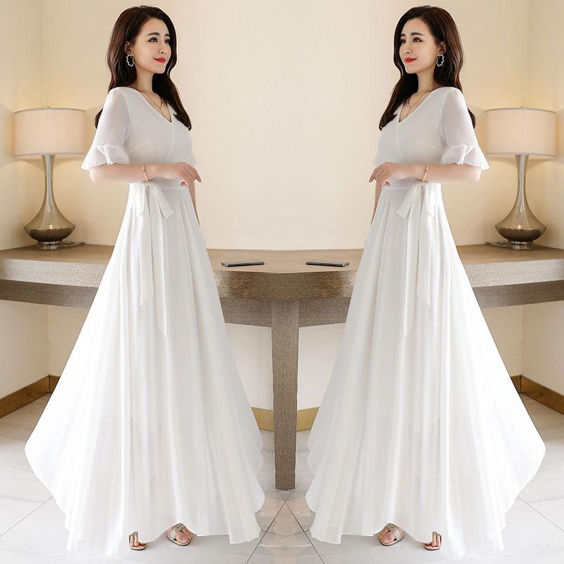 Chiffon Dress Spring and Autumn Chiffon Short-sleeved Dress Female Temperament Slim Slimming Long Skirt Female Plus Size Dance Skirt