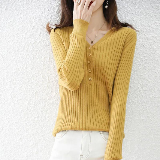 Knit Sweater Women Autumn Winter New Style Cotton V-neck Slim-fit All-match Bottoming Shirt Long-sleeved Pullover Sweater