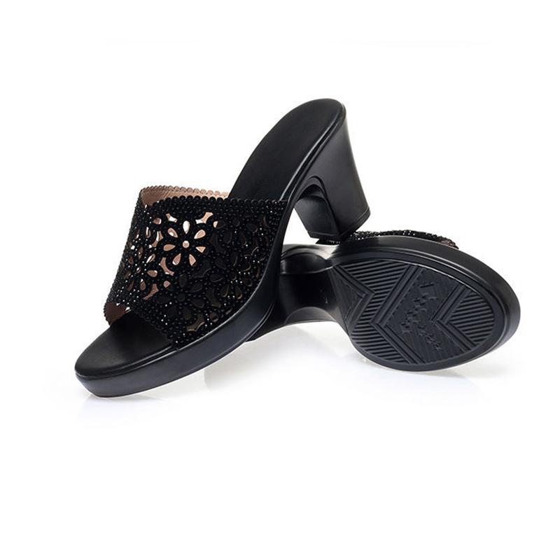 Slippers Women's Rhinestone Hollowed-out Semi-trailer High-heeled Sandals Medium-heeled Women's Shoes All-match Flip-flop Sandals