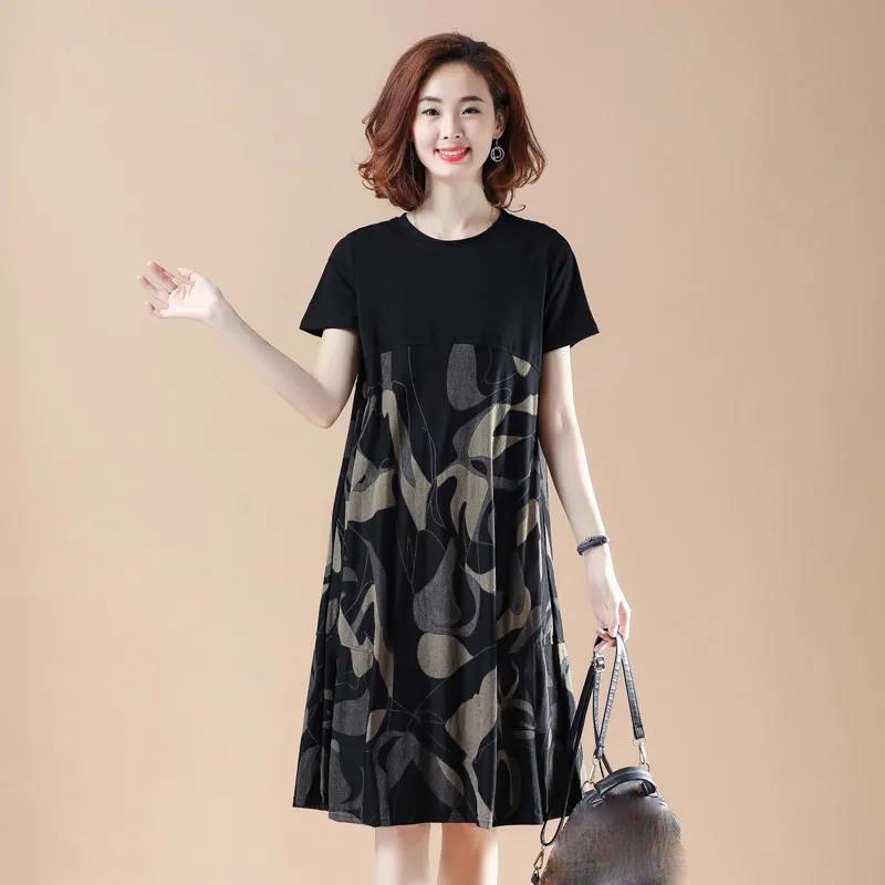 Large Size Women's Loose Belly Cover Stitching Mid-length Dress Round Neck Short-sleeved Straight Dress Printed Skirt Light and Breathable