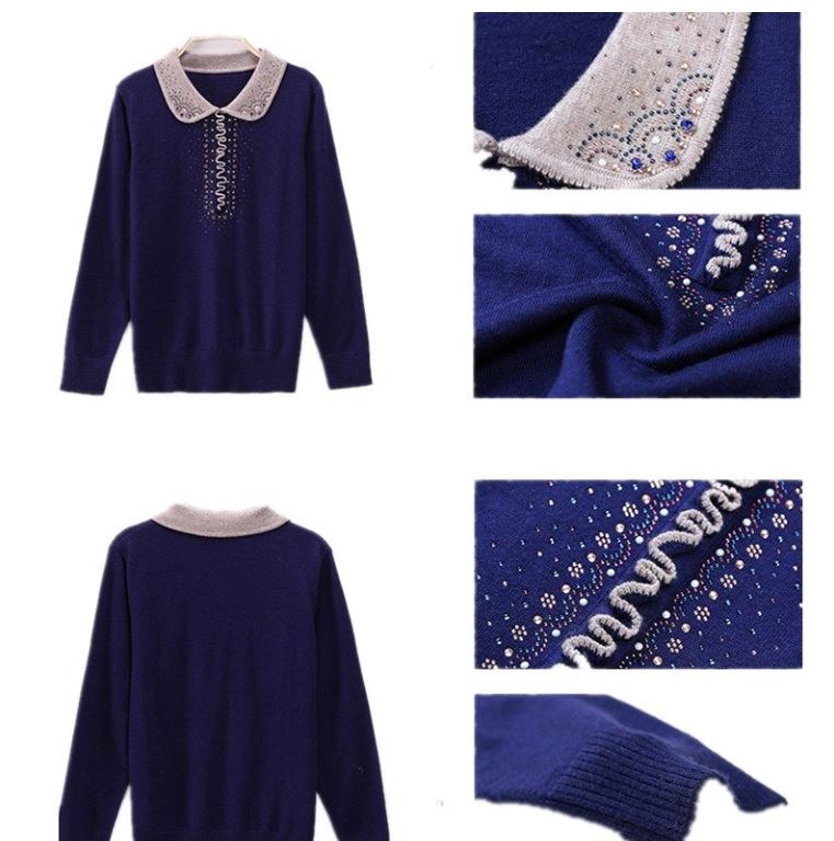 Women's Woolen Sweater Solid Color Sticky Diamond Long-sleeved Sweater Lapel Loose Plus Size Top M-5XL