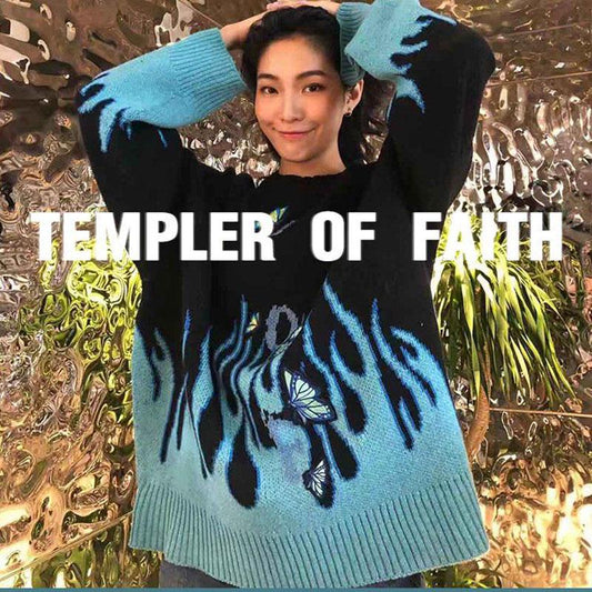 Women Flame Butterfly Embroidery Knit Sweater Loose Casual Sweater Warm Pullover Sweater Coat Outer Wear Autumn Winter