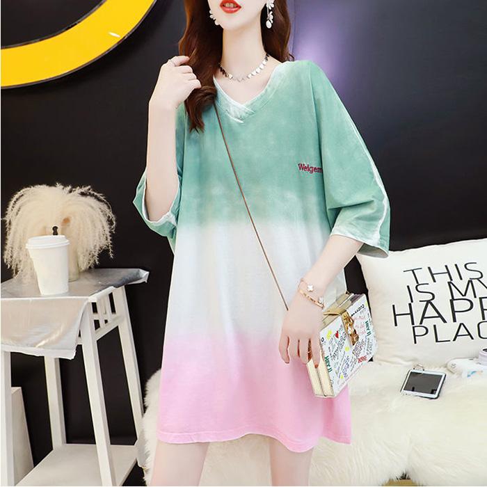 T-shirt Dress Stitching Color Gradient Women Dress Girl Loose V-Neck Batwing Sleeve Casual Long Big Loose Home Comfort Outer Convenient
