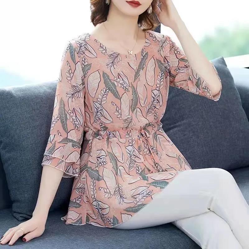 Ice Silk Floral Shirt Short-sleeved Women's Waist-covering Belly Thin Large Size Summer Mid-length Bottoming Shirt Top