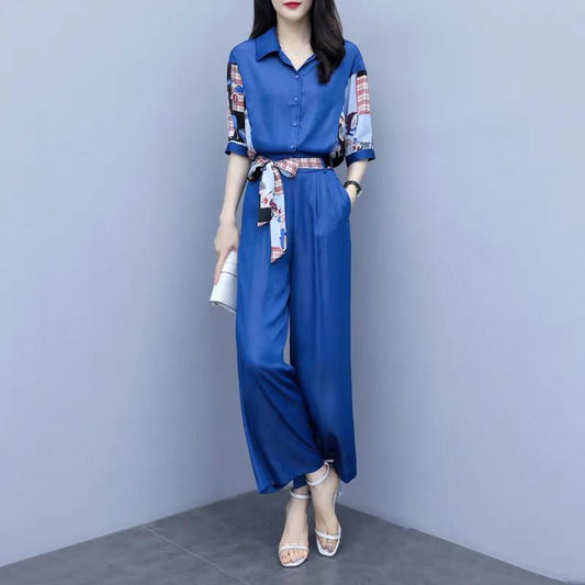 Ladies Wide Leg Pants Suit Summer Women's Large Size Printed Shirt + Two-piece Set of Thin Loose Casual Pants