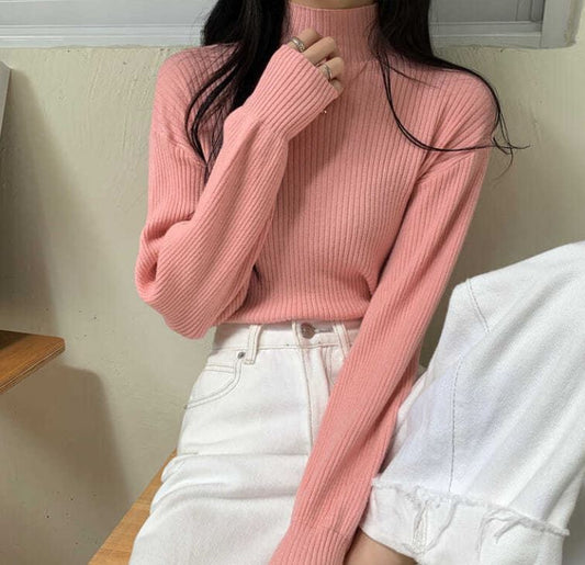 Half Turtleneck Bottoming Shirt Women's Fashion Vertical Stripe Pullover Solid Color Stretch Long Sleeve Sweater