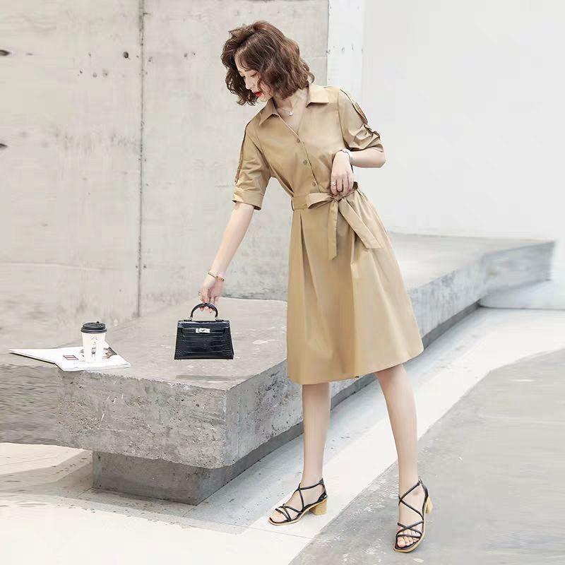 Spring Summer Women's Shirt Dress Mid-length Skirt Ladies Professional Wear All-match Long-sleeved Solid Color Dress